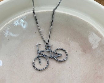 Bicycle Necklace - Small Bike Pendant - Silver Twig Pendant - Semi-Oxidized - Sterling Silver Chain - Unisex - Made to Order