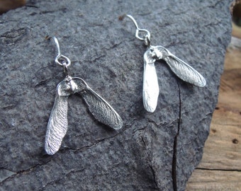 Small Double Samara Dangle Earrings - Sterling Silver Maple Seeds - Made to Order