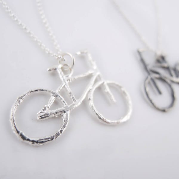 Collier Vélo - Petit Pendentif Vélo - Collier Moulage Nature - Bicyclette Argent Sterling - Rhodium - Unisexe - Fait sur mesure