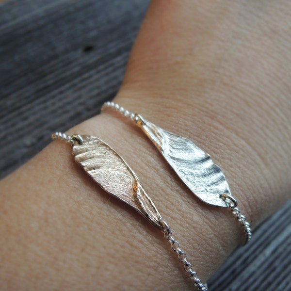 Small Samara Bracelet - Maple Seed Helicopter - Sterling Silver - Bronze or Brass - Gold Plated - Adjustable - Made to Order