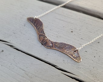 Large Samara Wing - Semi-Oxidized Bronze - Maple Seed - Silver Chain - Made to Order
