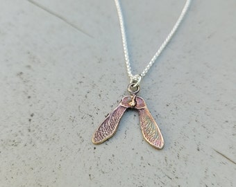 Small Double Samara Pendant - Semi-Oxidized Bronze - Delicate Samara Necklace - Sycamore Seed - Made to Order