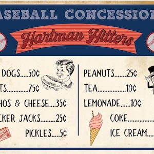 May include: Vintage baseball concessions sign with a blue background and baseball graphics. The sign lists food and drink items like hot dogs, peanuts, and ice cream. The text "Hartman Hitters" is in a red banner.