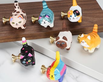 Wooden Cat Drawer Knob | Hand Carved  Kitty Cabinet Pull | Painted Wood  Knob