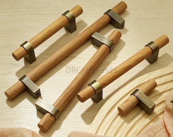 Natural Wood Drawer Pulls, Beech Walnut Cabinet Handles, Brass Bronze  Holder Kitchen Pull Hardware,