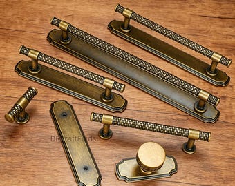 Antiek messing ladegrepen met achterplaat, unieke keukenkastknoppen handgrepen
