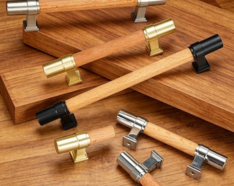 Natuurlijk houten kastgrepen met metalen uiteinden, boerderijladegrepen, minimalistische keuken- en kledingkasthardware