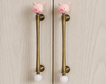 Pig Cabinet Pull Handle, Antique Bronze Drawer Pull with Pink Stone, Unique Dresser Knobs