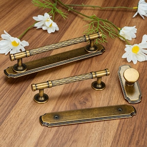 Antique Brass Cabinet Pulls, Vintage Textured Bar Handles with Backplate, Retro Drawer Knobs