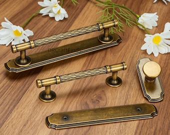 Antiek messing kastgrepen, vintage getextureerde bargrepen met achterplaat, retro ladeknoppen