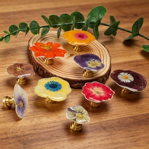 Handmade Resin Knobs - Real Dried Flower Drawer Pulls with Brass Bases, Unique Cabinet Hardware