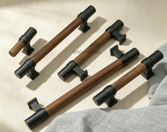 Walnut Wood Drawer Pulls, Kitchen Cabinet knobs Hardware  , Black Silver Brass Furniture Handles