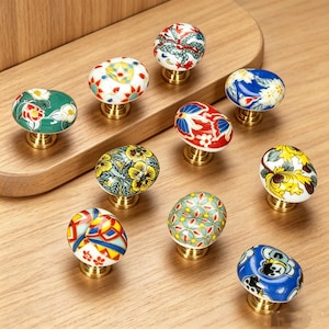 Hand Painted Ceramic Drawer Knob | Brass Dresser Pull | Colorful Boho Cabinet handle | Decorative Knobs