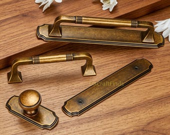 Antiek bronzen kastgrepen met achterplaat | Vintage boerderijladeknoppen en handgrepen | Amerikaanse retro pull