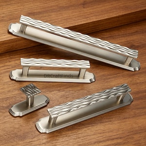 Satin Nickel  Cabinet Pulls, Modern Wavy Textured Drawer Handles with Backplate, Kitchen Knobs Hardware,