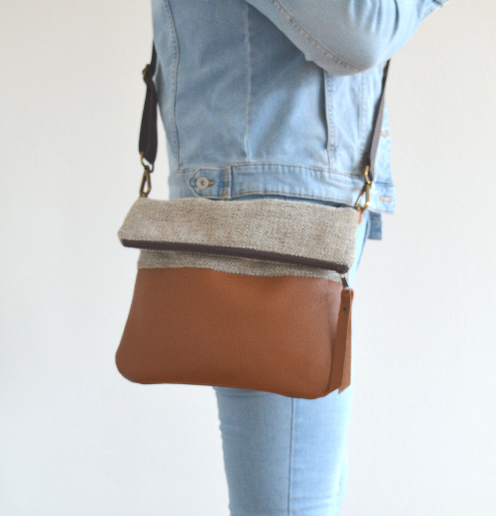Leather and Upholstery Fabric Bag Shoulder Bag Foldover Bag | Etsy