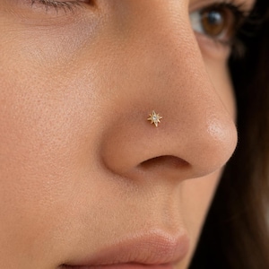 Può includere: Primo piano di un naso con un piccolo piercing al naso dorato. Il piercing è a forma di stella con una piccola gemma trasparente al centro. L'incarnato è chiaro e l'attenzione è focalizzata sul naso e sul gioiello.