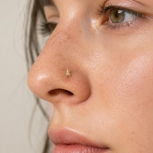 May include: A close-up shot of a face featuring a tiny, gold nose stud with a floral design. The skin has freckles and a natural glow. The focus is on the nose and the jewellery. The background is blurred.