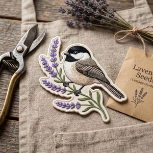 May include: An embroidered patch featuring a black-capped chickadee perched on a sprig of purple lavender. The patch is placed on a beige fabric apron next to metal garden shears and a brown paper packet labeled Lavender Seeds - Cottage Garden.