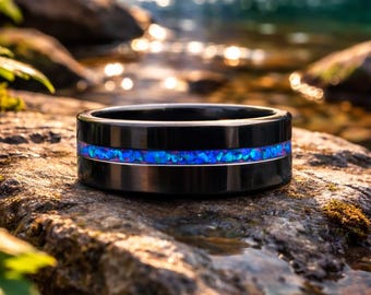 Céramique noire 8 mm opale phosphorescente bague de fiançailles, mariage, promesse, incrustation décontractée