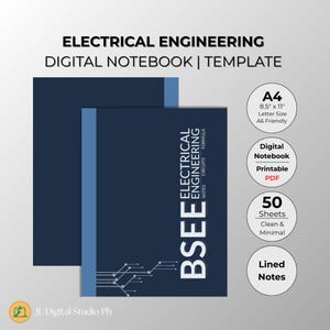 Puede incluir: Plantilla de cuaderno digital para ingeniería eléctrica. La portada es azul marino con el texto "Electrical Engineering Digital Notebook | Template" y "BSEE" en blanco. Incluye 50 hojas y notas rayadas. Tamaño A4, 21,6 cm x 27,9 cm y A6.