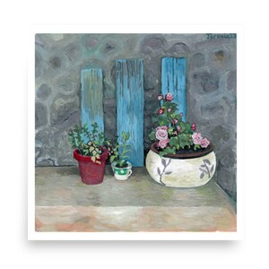Drei Pflanzen Blumentöpfe Rosen Kräuter Holzbohlen Blau lackiert Handgemalter Original Kunstdruck Poster