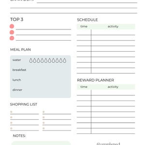 Op de afbeelding: Een witte dagplanner met secties voor energieniveau, brain dump, top 3, maaltijdplan, boodschappenlijst, notities, schema en beloningsplanner. Inclusief een voltooiingspercentage tracker.