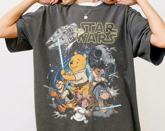 Camiseta vintage de Disney Star Wars, camiseta retro de Winnie the Pooh y sus amigos Jedi, atuendo para vacaciones familiares, camiseta con estampado de ciencia ficción, regalo para fans de Disney.