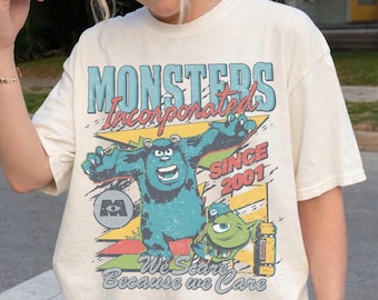 Camiseta retrô Monstros S.A., Camiseta Sulley Mike Wazowski, Camiseta "Assustamos porque nos importamos", Camiseta combinando para família Disney, Camiseta vintage Comfort Colors