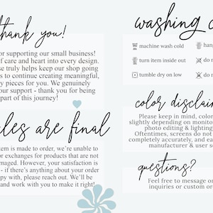 Pode incluir: Fundo claro com texto manuscrito preto. O texto inclui "obrigado!", "todas as vendas s&atilde;o finais", "cuidados de lavagem", "aviso de cor" e "perguntas?". Elementos florais decorativos.