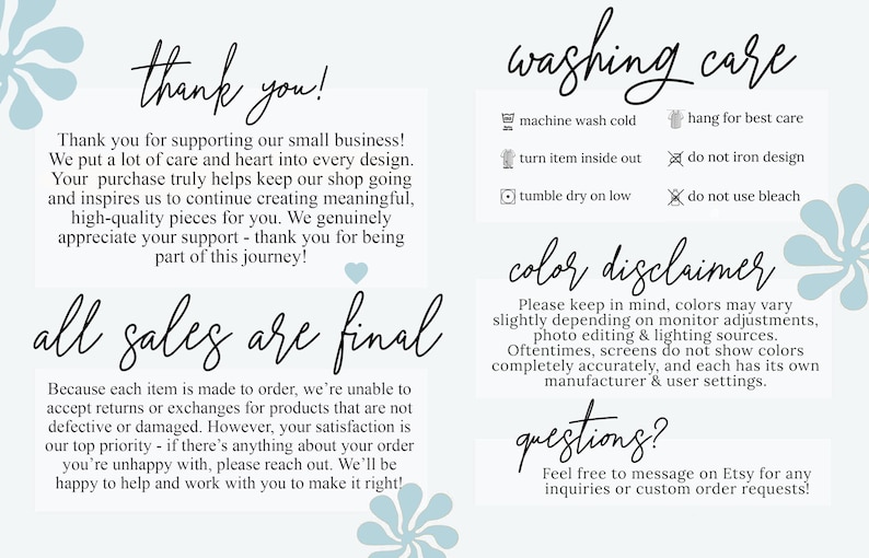 Pode incluir: Fundo claro com texto manuscrito preto. O texto inclui "obrigado!", "todas as vendas s&atilde;o finais", "cuidados de lavagem", "aviso de cor" e "perguntas?". Elementos florais decorativos.