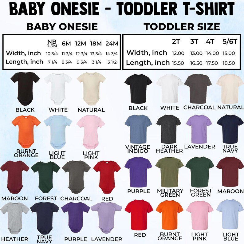 Pu&ograve; includere: Immagine di body per neonati e t-shirt per bambini piccoli in vari colori. L'immagine include una tabella delle taglie con misure in pollici. I colori includono nero, bianco e varie tonalit&agrave;. Il testo 'Baby Onesie - Toddler T-Shirt' &egrave; in alto.