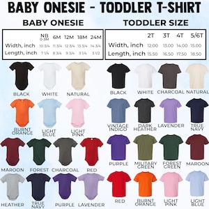 Pode incluir: Imagem de bodies para beb&ecirc;s e camisetas para crian&ccedil;as pequenas em v&aacute;rias cores. A imagem inclui uma tabela de tamanhos com medidas em polegadas para tamanhos de beb&ecirc; e crian&ccedil;a pequena. As cores incluem preto, branco e v&aacute;rios tons de azul, rosa e laranja.