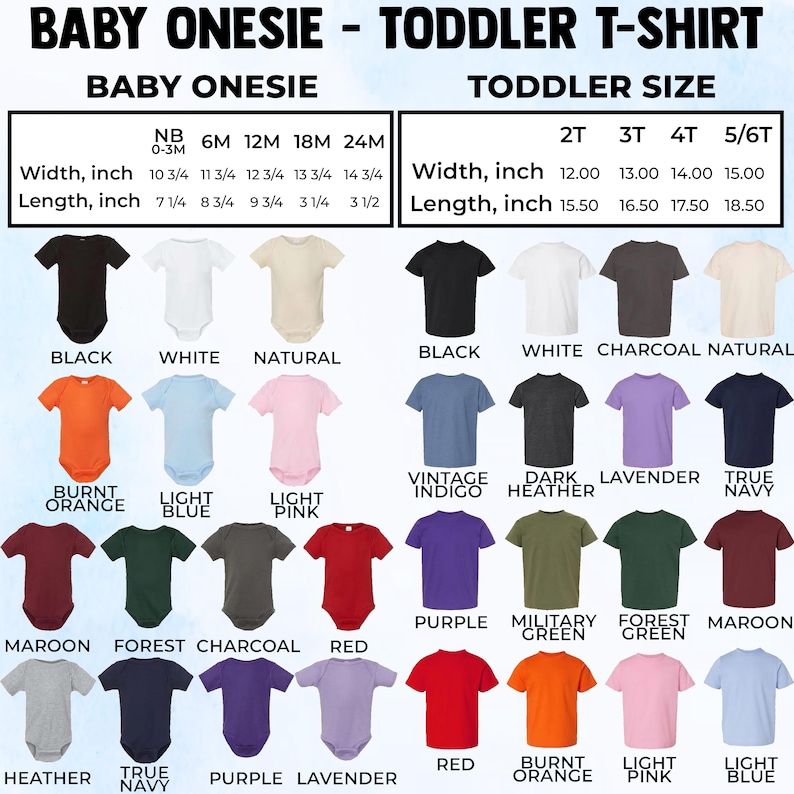 Pode incluir: Imagem de bodies para beb&ecirc;s e camisetas para crian&ccedil;as pequenas em v&aacute;rias cores. A imagem inclui uma tabela de tamanhos com medidas em polegadas para tamanhos de beb&ecirc; e crian&ccedil;a pequena. As cores incluem preto, branco e v&aacute;rios tons de azul, rosa e laranja.