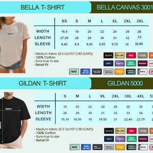 May include: A product image showcasing t-shirt size charts for Bella Canvas 3001 and Gildan 5000. The charts display measurements for width, length, and sleeve length in inches, along with color options. The Bella T-shirt chart includes sizes XS to 3XL, and the Gildan chart includes sizes S to 5XL.