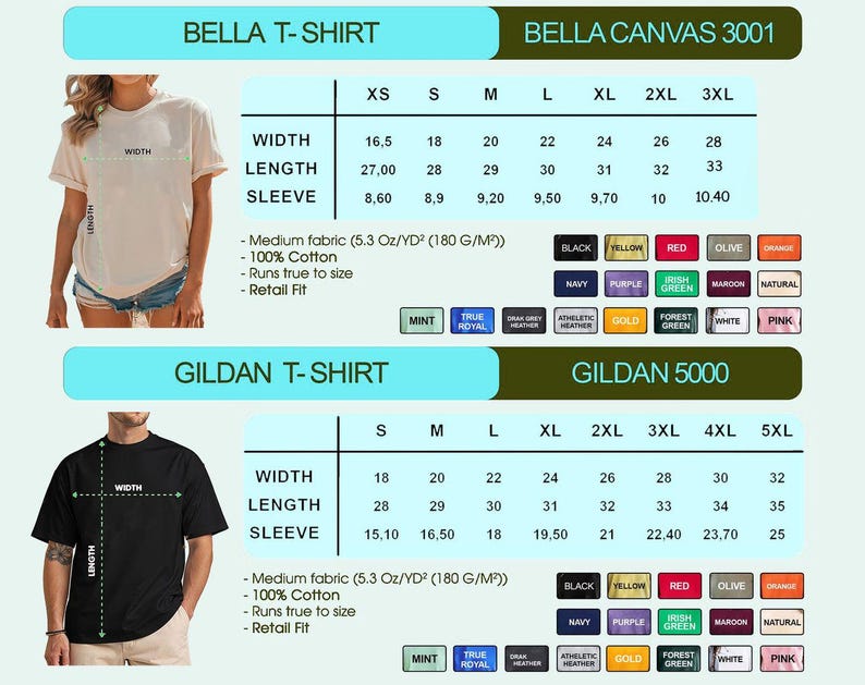 May include: A product image showcasing t-shirt size charts for Bella Canvas 3001 and Gildan 5000. The charts display measurements for width, length, and sleeve length in inches, along with color options. The Bella T-shirt chart includes sizes XS to 3XL, and the Gildan chart includes sizes S to 5XL.