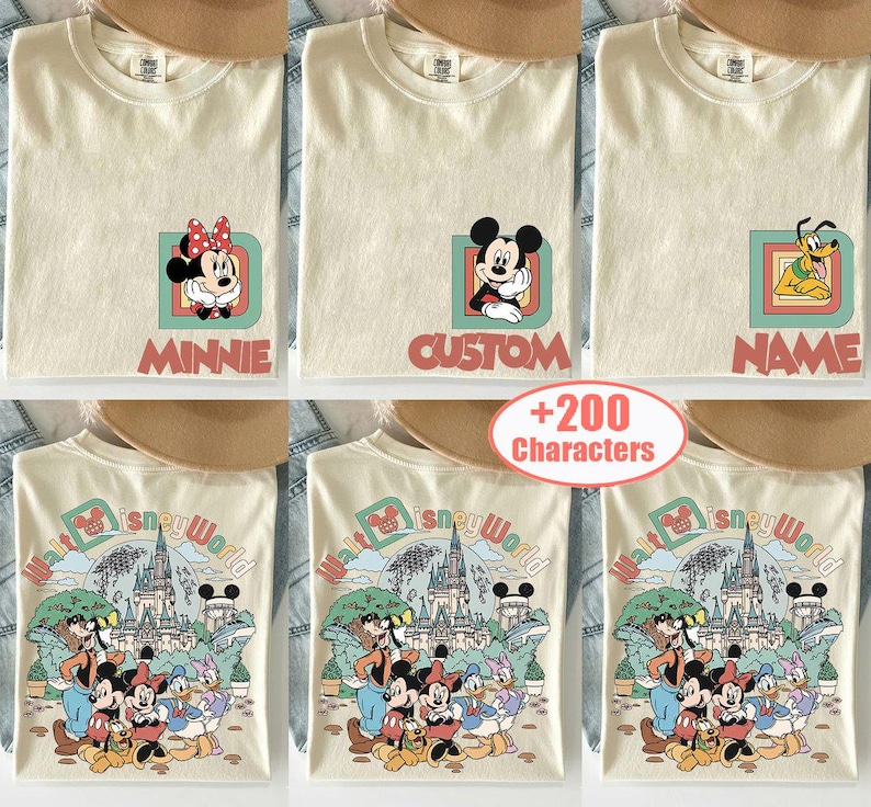 May include: Cream-colored t-shirts with Disney character designs. One shirt features Minnie Mouse, another Mickey Mouse, and a third Pluto. The bottom row of shirts displays a Walt Disney World graphic with various characters.