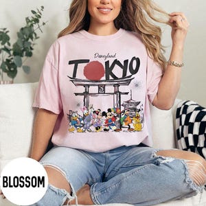 Puede incluir: Camiseta rosa claro con el texto "Disneyland TOKYO" sobre un gr&aacute;fico de una puerta japonesa y personajes de Disney. La camiseta tiene cuello redondo y mangas cortas.