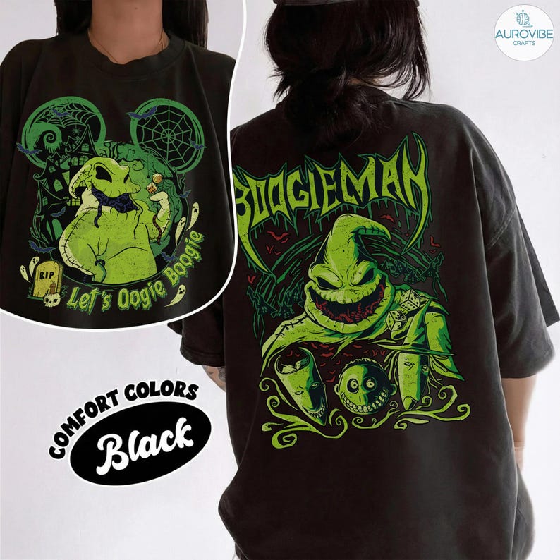 May include: A black t-shirt featuring a graphic print of the character Oogie Boogie in bright green. The front design shows the character with a tombstone and the text Let's Oogie Boogie. The back design displays the character with the text BOOGIEMAN.
