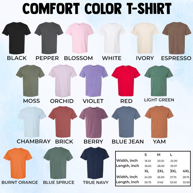 Pu&ograve; includere: Una selezione di t-shirt Comfort Color in vari colori, tra cui nero, bianco, rosso e blu. L'immagine mostra le magliette con i loro nomi di colore e una tabella delle taglie. Il testo "COMFORT COLOR T-SHIRT" &egrave; in alto.