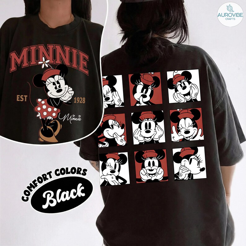 May include: Black comfort colors t-shirt featuring Minnie Mouse. The front displays "MINNIE" in red lettering above a Minnie Mouse graphic. The back has a grid of Minnie Mouse images. The shirt also has the text "EST 1928".