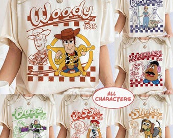 Camiseta retro de Disney Pixar Toy Story con todos los personajes, Woody, Buzz, Jessie, Bo Peep, personalizada para grupo familiar.