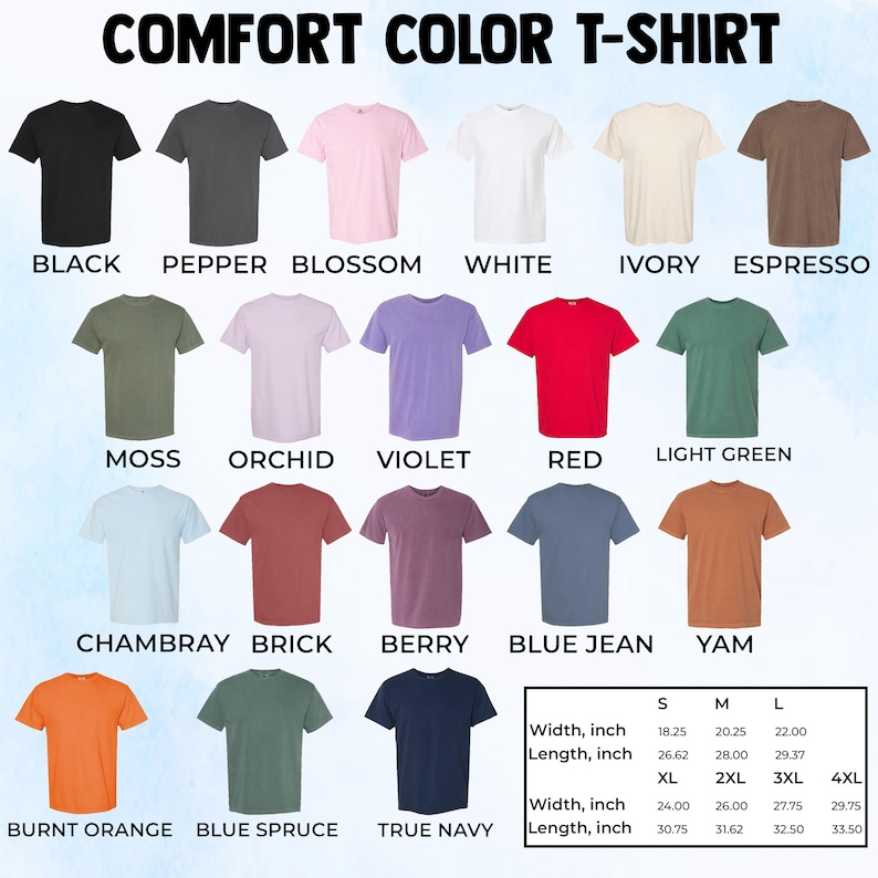Pode incluir: Uma sele&ccedil;&atilde;o de camisetas Comfort Color em v&aacute;rias cores, incluindo preto, branco, vermelho e azul. A imagem exibe as camisas com seus nomes de cores e uma tabela de tamanhos. O texto "COMFORT COLOR T-SHIRT" est&aacute; no topo.