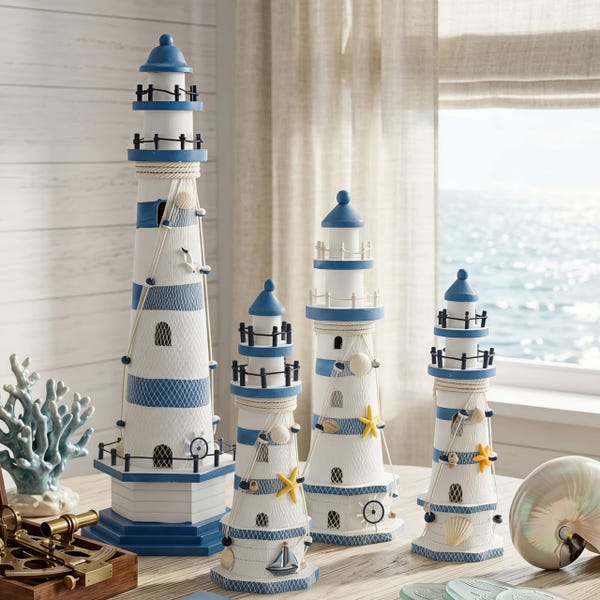 Handmade Wooden Lighthouse Decor, Blue White Stripes, Nautical Beach House Ornament