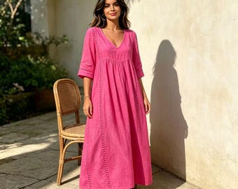 cotton Linen V-Neck Maxi Dress | Flowy Boho Casual Wear, Loose Fit Summer Dress