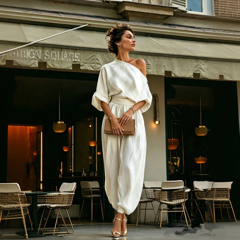 May include: A woman in a white linen jumpsuit with an off-the-shoulder top and wide-leg trousers. She holds a brown clutch and wears gold heels. The background shows a restaurant with outdoor seating.