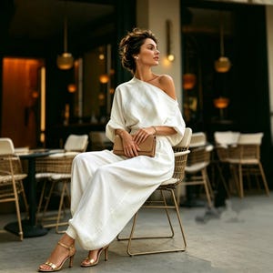 May include: A white linen jumpsuit with an off-the-shoulder top and wide-leg trousers. The outfit is accessorized with gold high-heeled sandals and a tan clutch. Gold jewellery complements the look. The setting is outdoors, with a restaurant in the background.