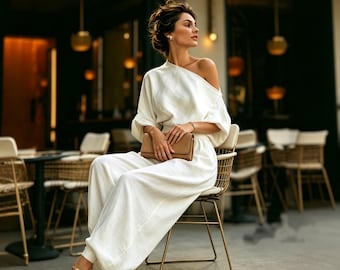 Linen 2 Piece Set, Off The Shoulder Top And Linen Pants，Summer Two Piece Outfit