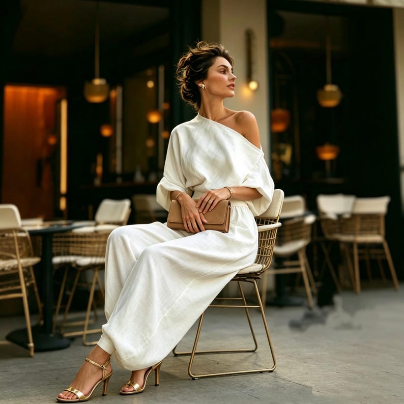 May include: A white linen jumpsuit with an off-the-shoulder top and wide-leg trousers. The outfit is accessorized with gold high-heeled sandals and a tan clutch. Gold jewellery complements the look. The setting is outdoors, with a restaurant in the background.