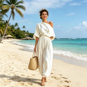 Linen 2 Piece Set, Off The Shoulder Top And Linen Pants，Summer Two Piece Outfit